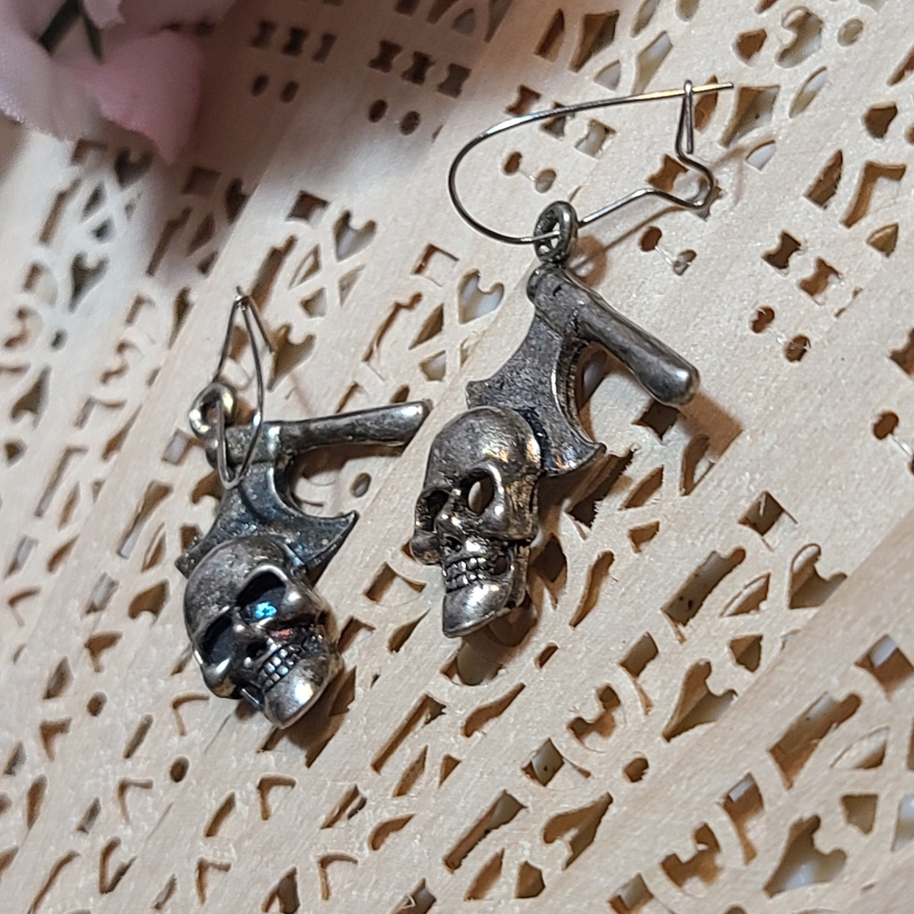 Vintage Silver Skull and Axe Earrings - Picture 3 of 7